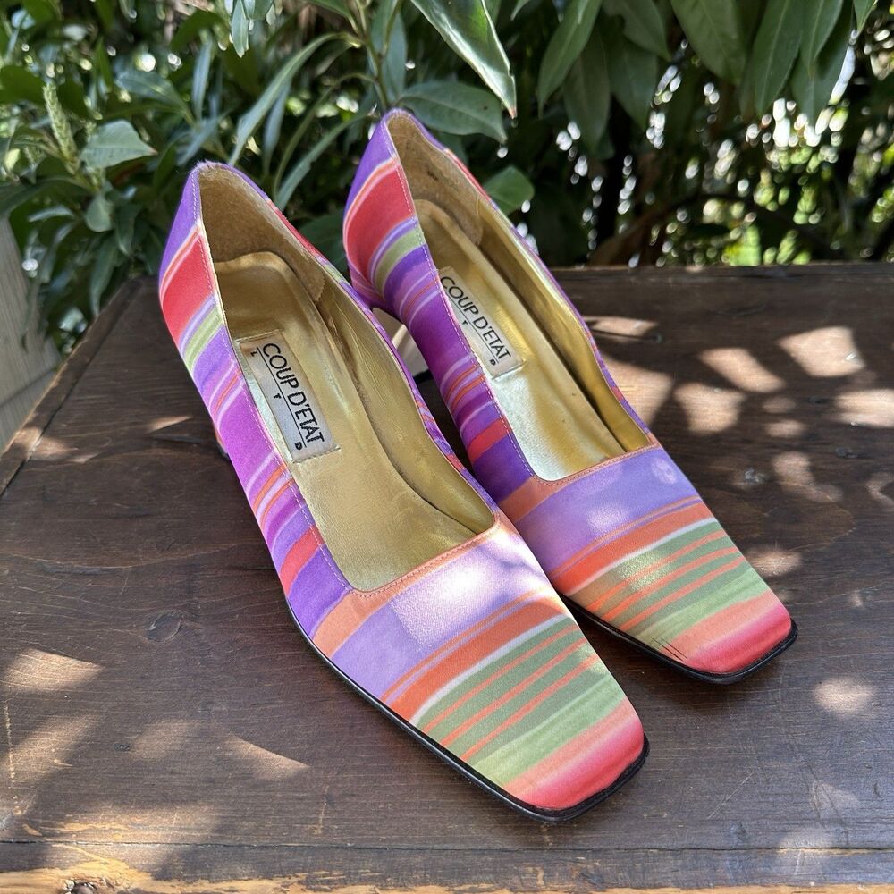 Vintage Coup D’Etat Satin Stripe Heels Square Toe Y2K Colorful Retro Pumps